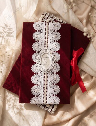 Maroon Velvet Lace Nikkah Booklet on cream silk