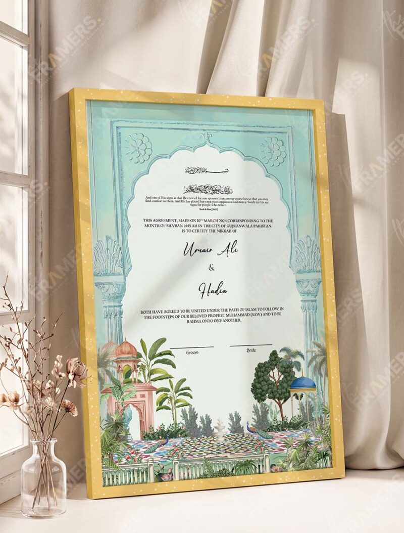 Mint Mughal Arch Garden Nikkah Certificate in fancy golden frame