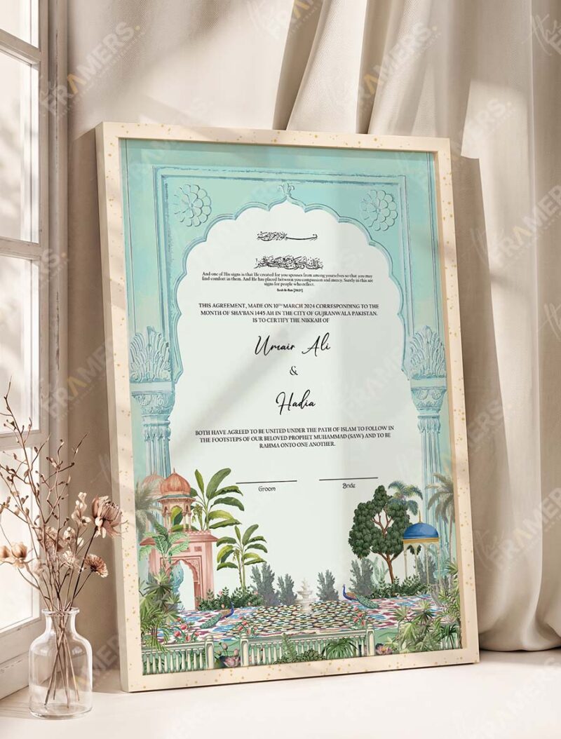 Mint Mughal Arch Garden Nikkah Certificate in fancy off white frame