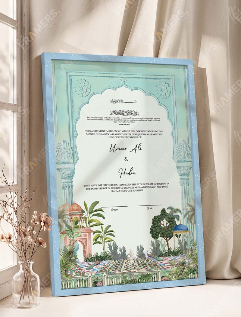 Mint Mughal Arch Garden Nikkah Certificate in modern ice blue frame