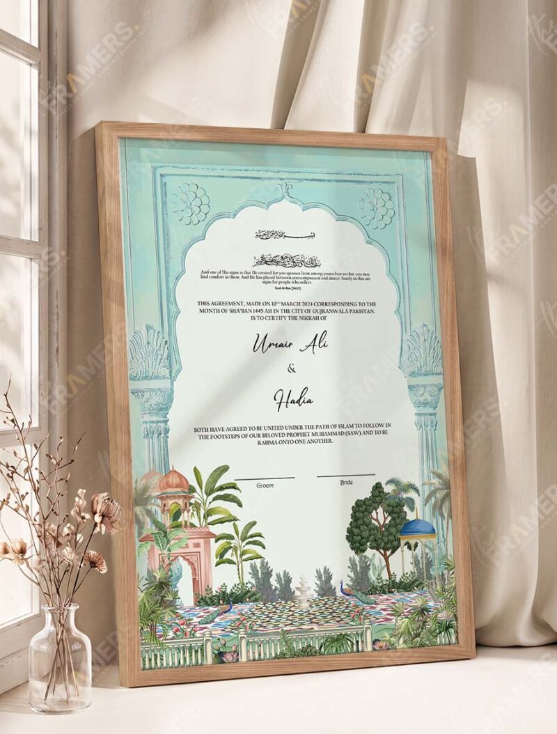Mint Mughal Arch Garden Nikkah Certificate in natural oak wood frame