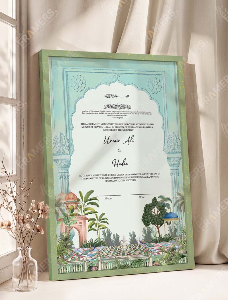 Mint Mughal Arch Garden Nikkah Certificate in olive green frame