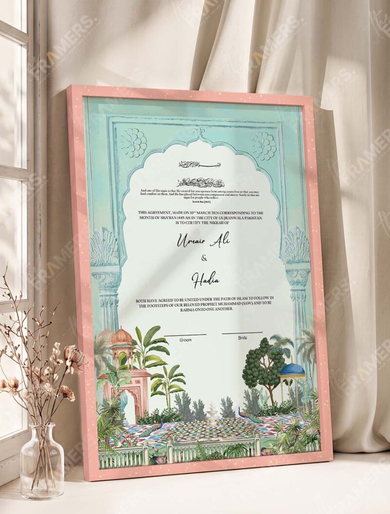 Mint Mughal Arch Garden Nikkah Certificate in soft peach pink frame