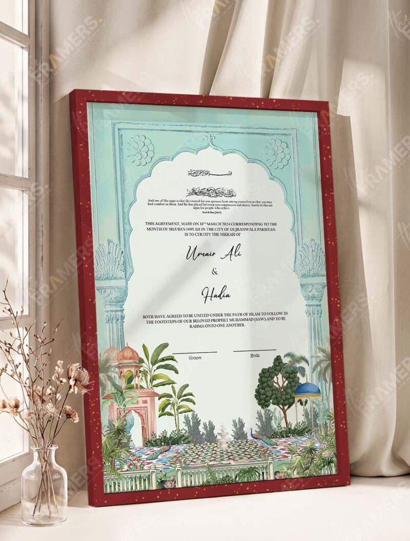 Mint Mughal Arch Garden Nikkah Certificate in rich royal cherry frame