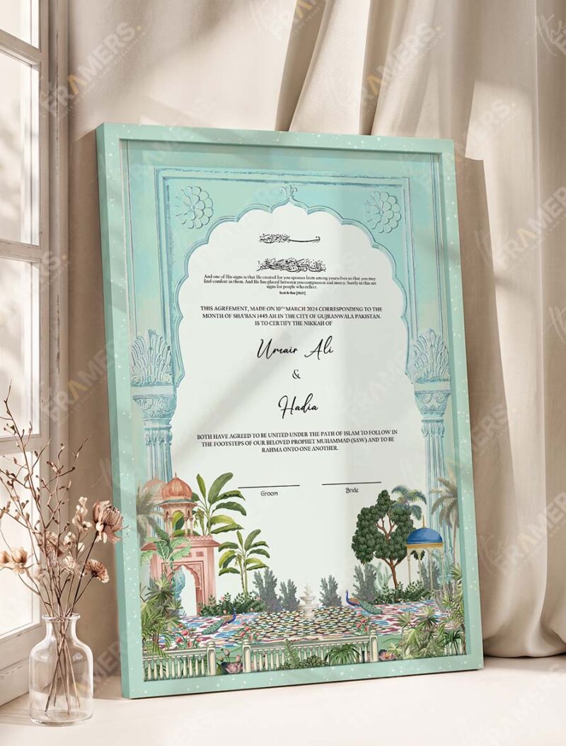 Mint Mughal Arch Garden Nikkah Certificate in soft sea green frame