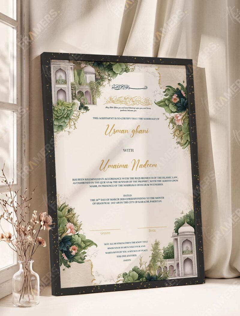 Mughal Garden Pavilion Nikkah Certificate in fancy black frame