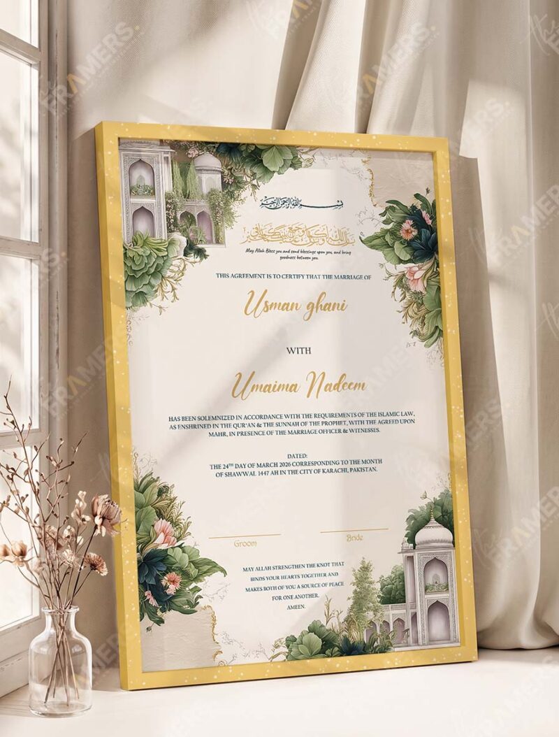 Mughal Garden Pavilion Nikkah Certificate in fancy golden frame