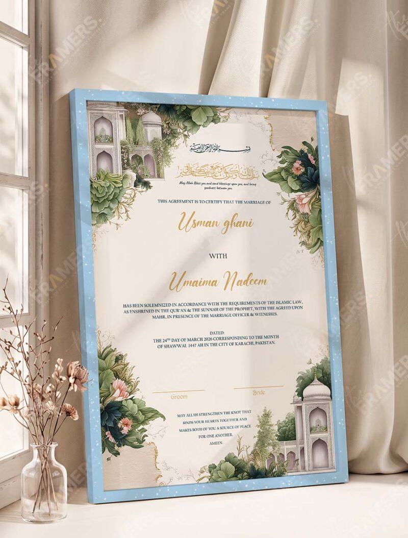 Mughal Garden Pavilion Nikkah Certificate in modern ice blue frame