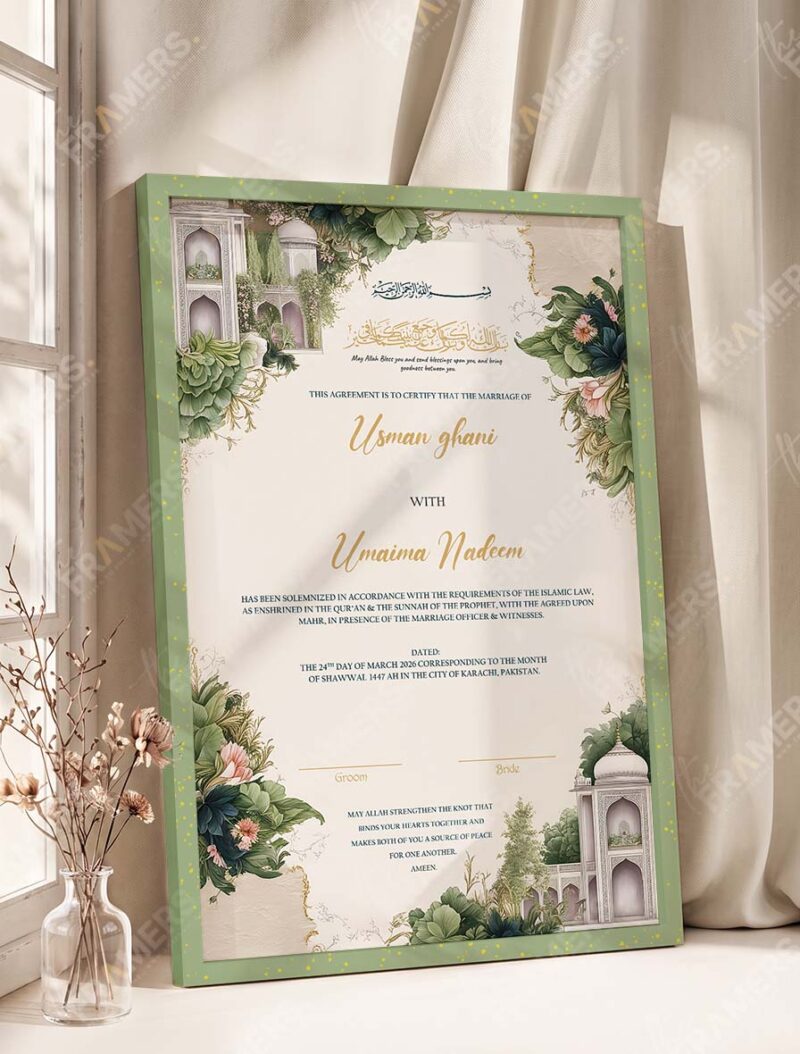 Mughal Garden Pavilion Nikkah Certificate in olive green frame