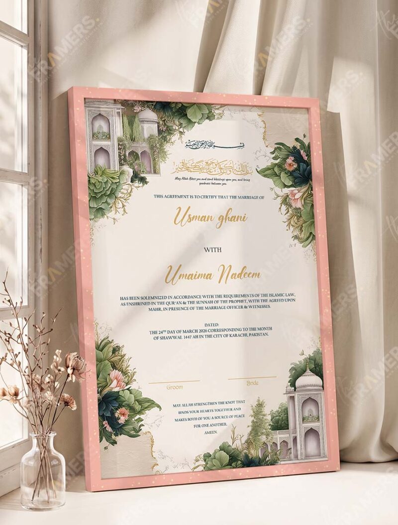 Mughal Garden Pavilion Nikkah Certificate in soft peach pink frame