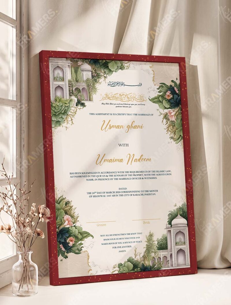 Mughal Garden Pavilion Nikkah Certificate in rich royal cherry frame