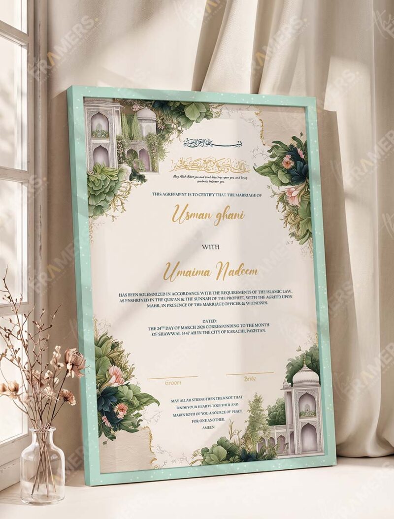 Mughal Garden Pavilion Nikkah Certificate in soft sea green frame