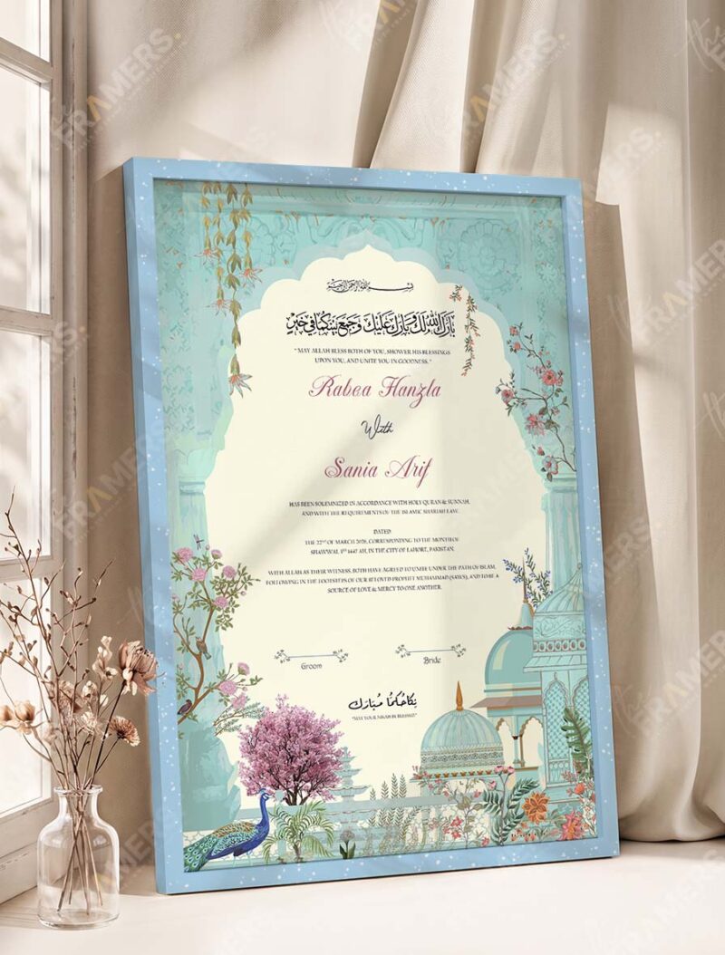 Mughal Garden and Peacock Nikkah Certificate in ice blue frame