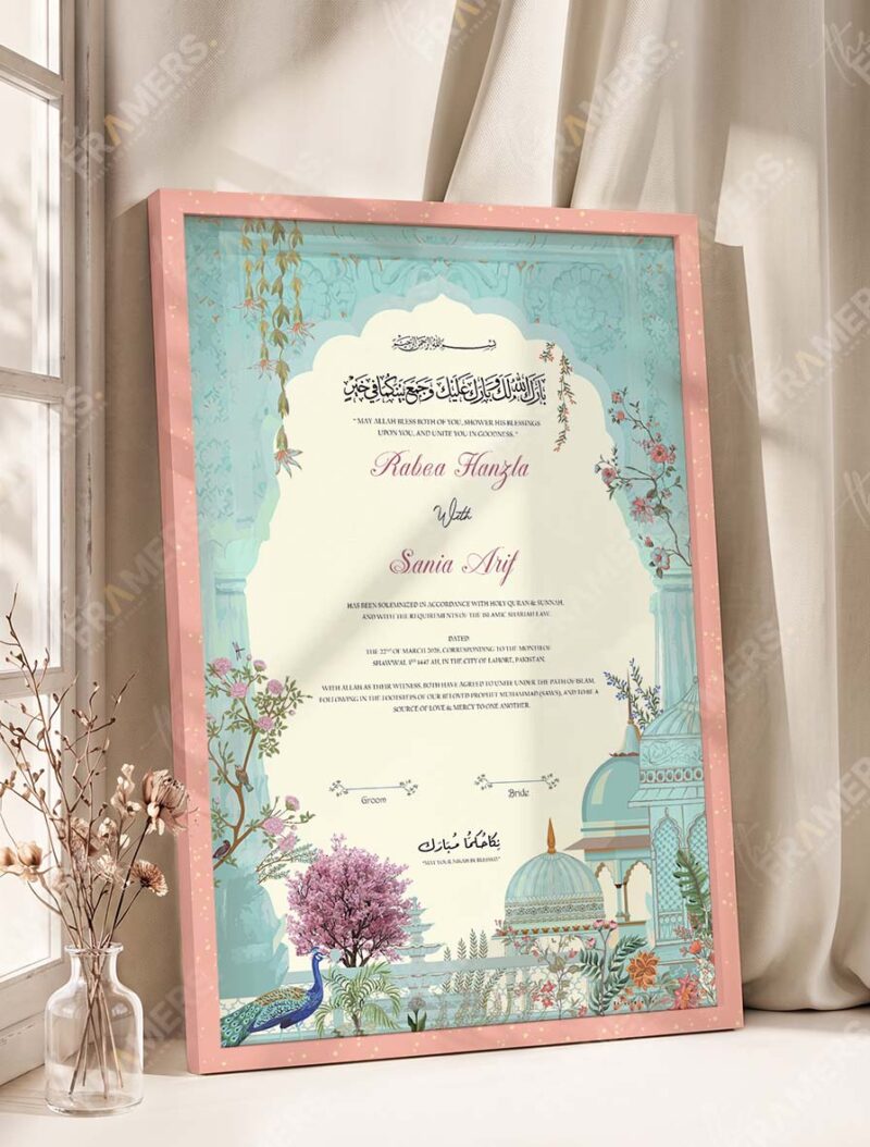 Mughal Garden and Peacock Nikkah Certificate in peach pink frame