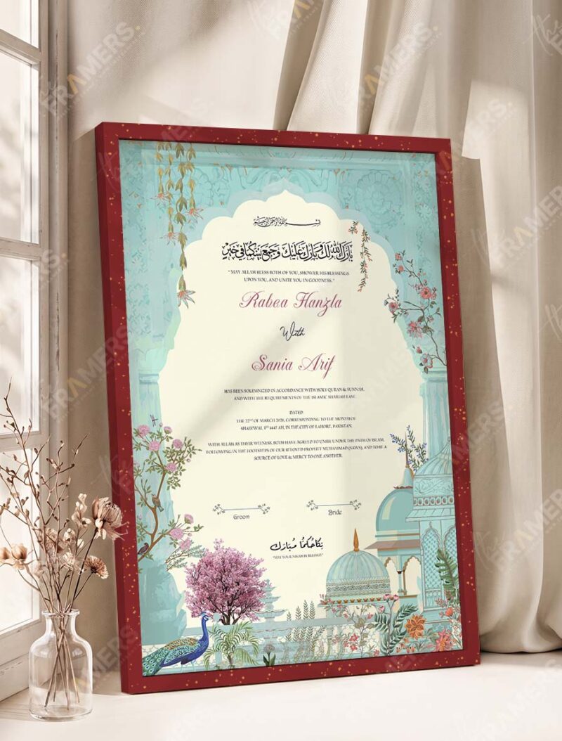 Mughal Garden and Peacock Nikkah Certificate in royal cherry frame