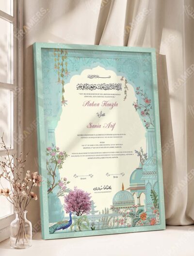 Mughal Garden and Peacock Nikkah Certificate in soft sea green frame