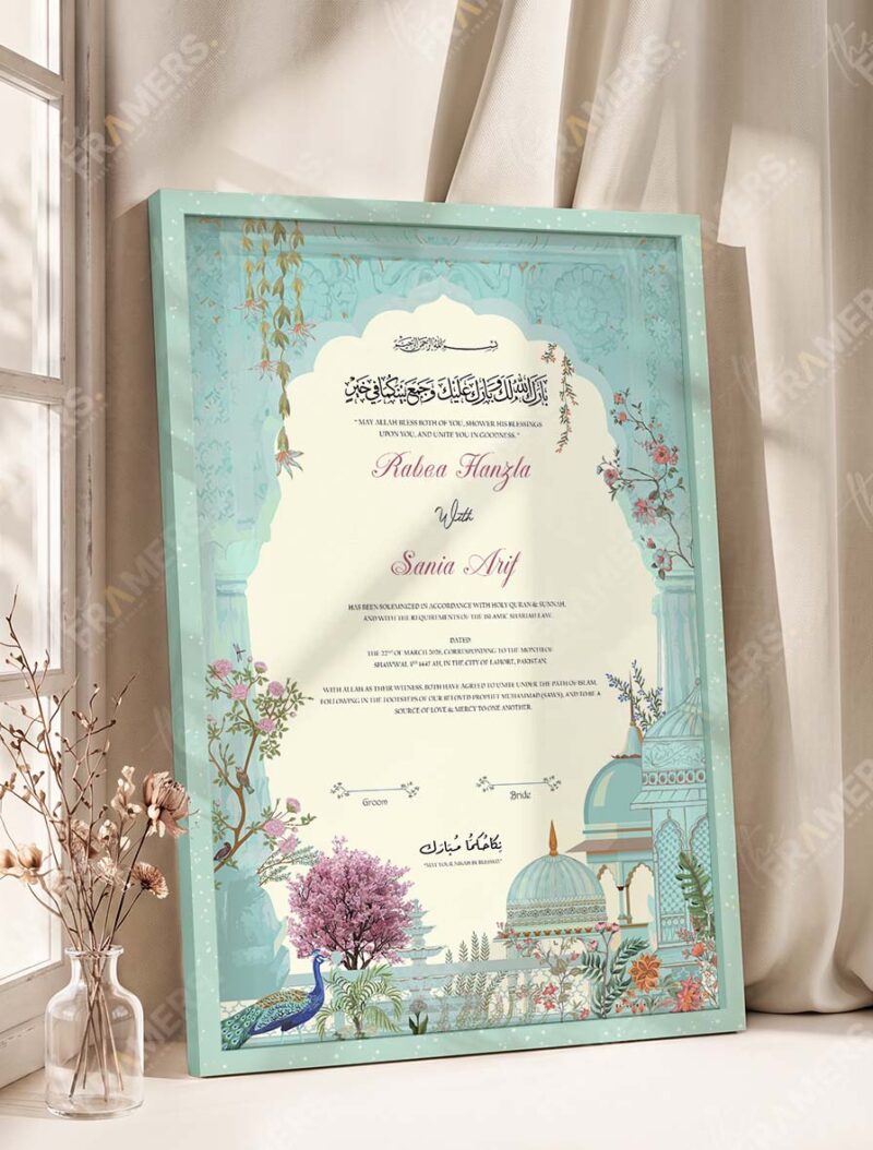 Mughal Garden and Peacock Nikkah Certificate in soft sea green frame