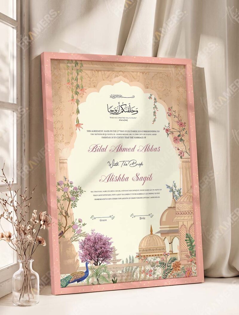 Mughal Heritage Sandstone Nikkah Certificate in soft peach pink frame