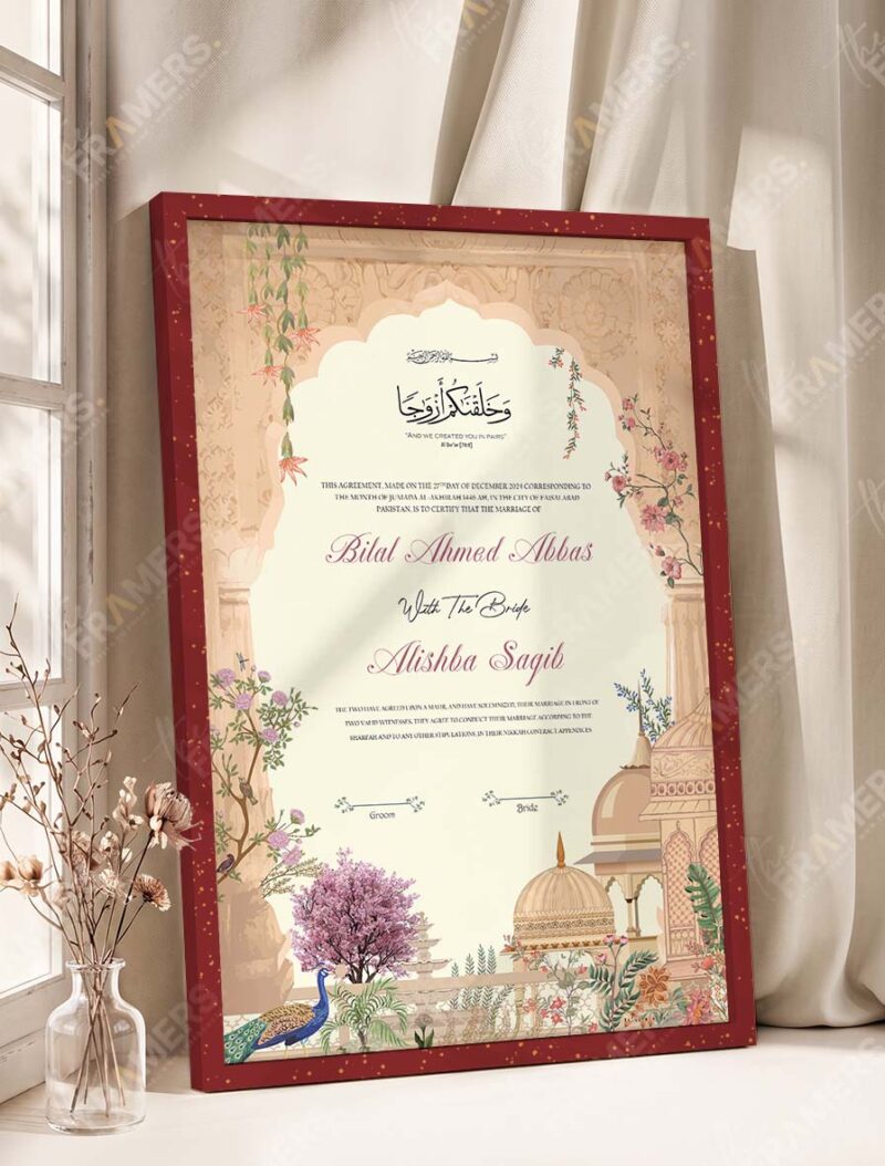 Mughal Heritage Sandstone Nikkah Certificate in rich royal cherry frame