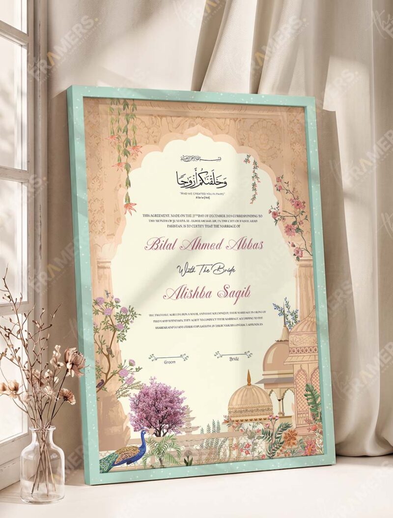 Mughal Heritage Sandstone Nikkah Certificate in soft sea green frame