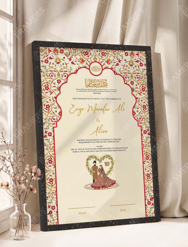 Mughal Red and Gold Nikkah Certificate with Couple Illustration in fancy black frame