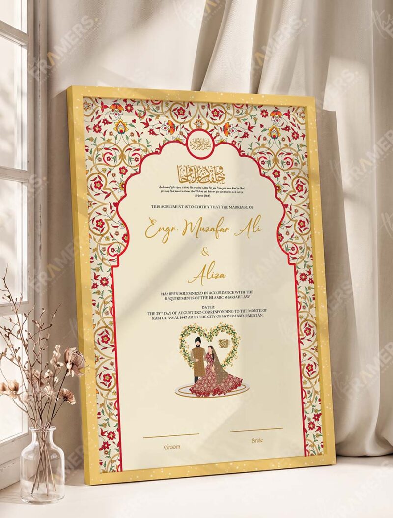 Mughal Red and Gold Nikkah Certificate with Couple Illustration in fancy golden frame
