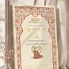 Mughal Red and Gold Nikkah Certificate with Couple Illustration in fancy off white frame