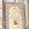 Mughal Red and Gold Nikkah Certificate with Couple Illustration in ice blue frame