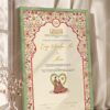 Mughal Red and Gold Nikkah Certificate with Couple Illustration in olive green frame