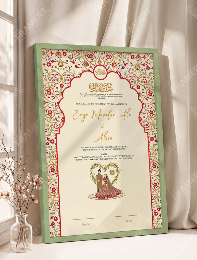 Mughal Red and Gold Nikkah Certificate with Couple Illustration in olive green frame