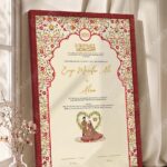 Mughal Red and Gold Nikkah Certificate with Couple Illustration in royal cherry frame