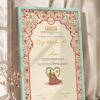 Mughal Red and Gold Nikkah Certificate with Couple Illustration in soft sea green frame