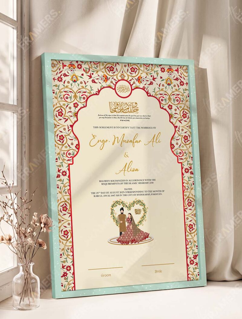 Mughal Red and Gold Nikkah Certificate with Couple Illustration in soft sea green frame