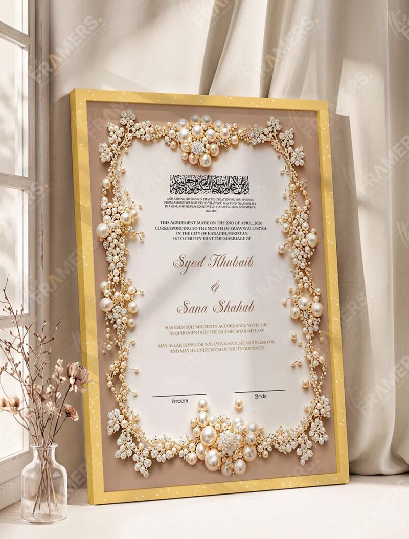 Pearl and Gold Floral Nikkah Certificate in fancy golden frame