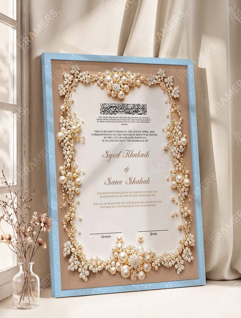 Pearl and Gold Floral Nikkah Certificate in modern ice blue frame