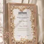 Pearl and Gold Floral Nikkah Certificate in natural oak wood frame