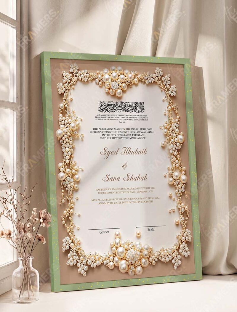 Pearl and Gold Floral Nikkah Certificate in olive green frame