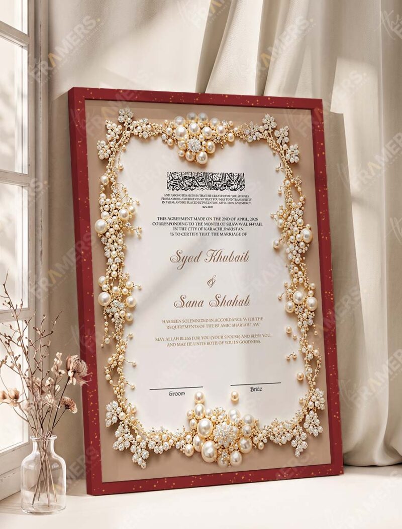 Pearl and Gold Floral Nikkah Certificate in rich royal cherry frame
