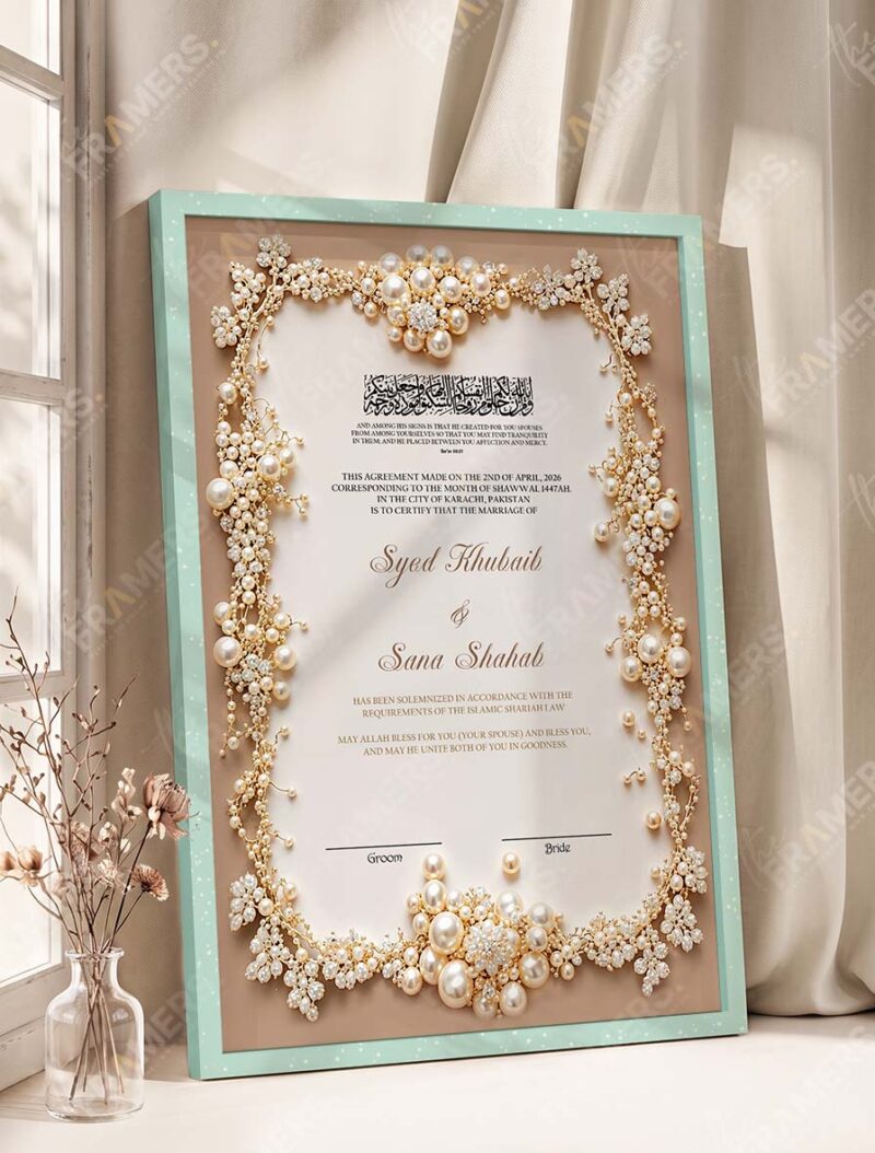 Pearl and Gold Floral Nikkah Certificate in soft sea green frame