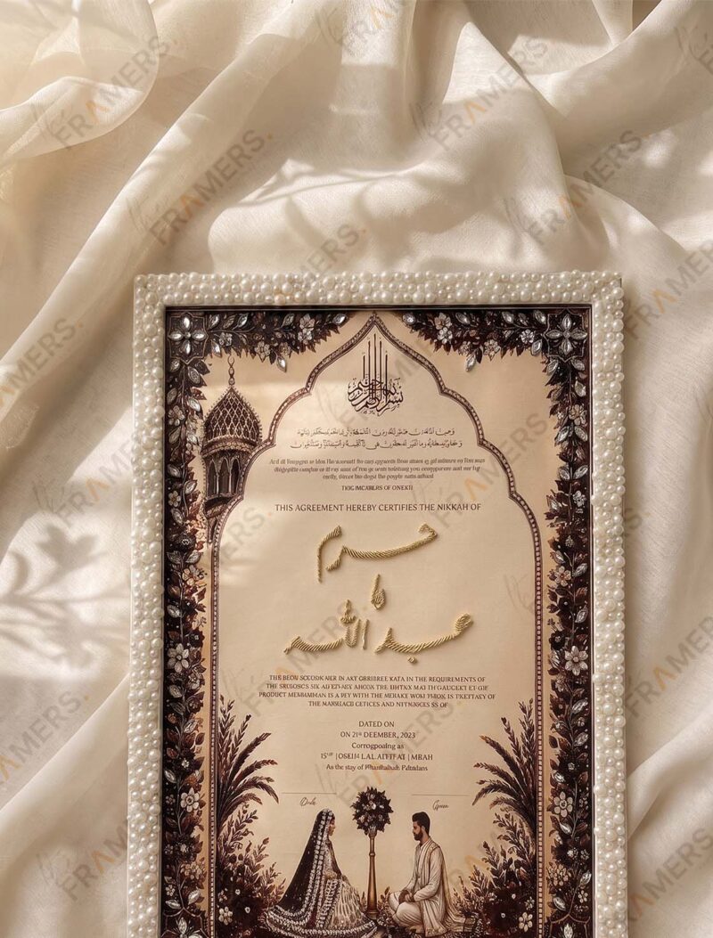 Pearl-Wrapped Nikkah Frame with Mughal Arch & Gold Zardozi Names, angled view