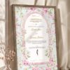 Pink Blossom Mint Arch Nikkah Certificate in warm brown wooden frame