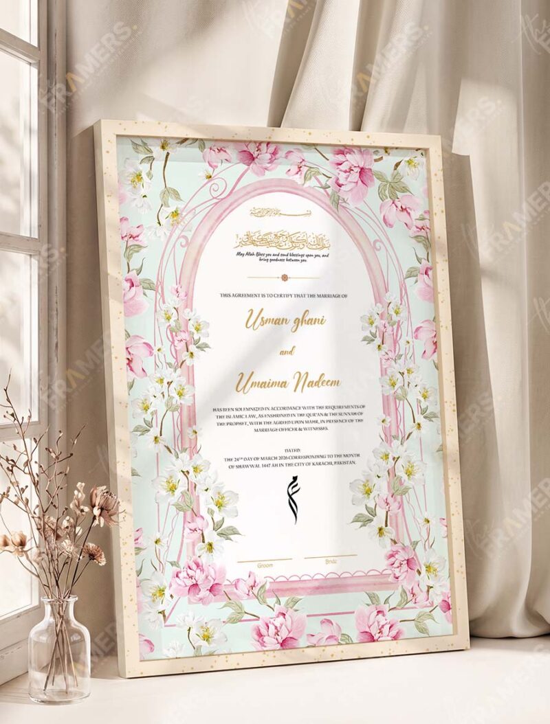 Pink Blossom Mint Arch Nikkah Certificate in fancy off white frame