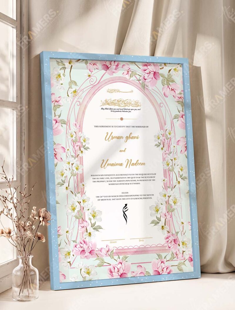 Pink Blossom Mint Arch Nikkah Certificate in modern ice blue frame