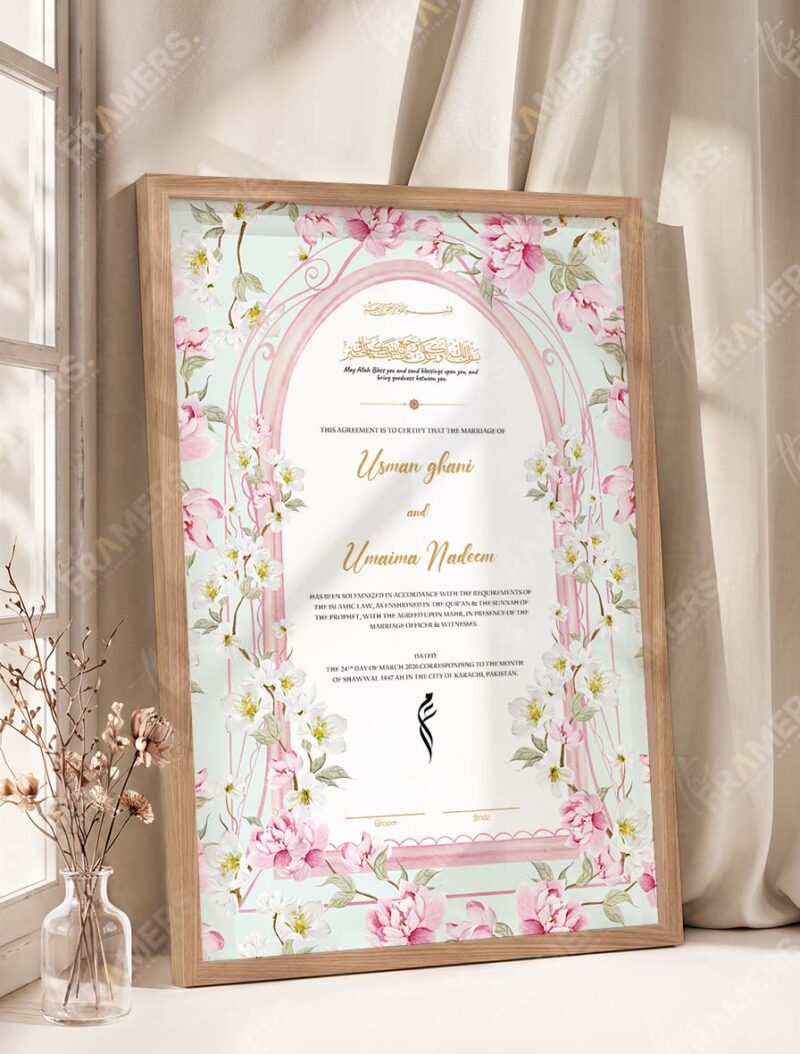 Pink Blossom Mint Arch Nikkah Certificate in natural oak wood frame