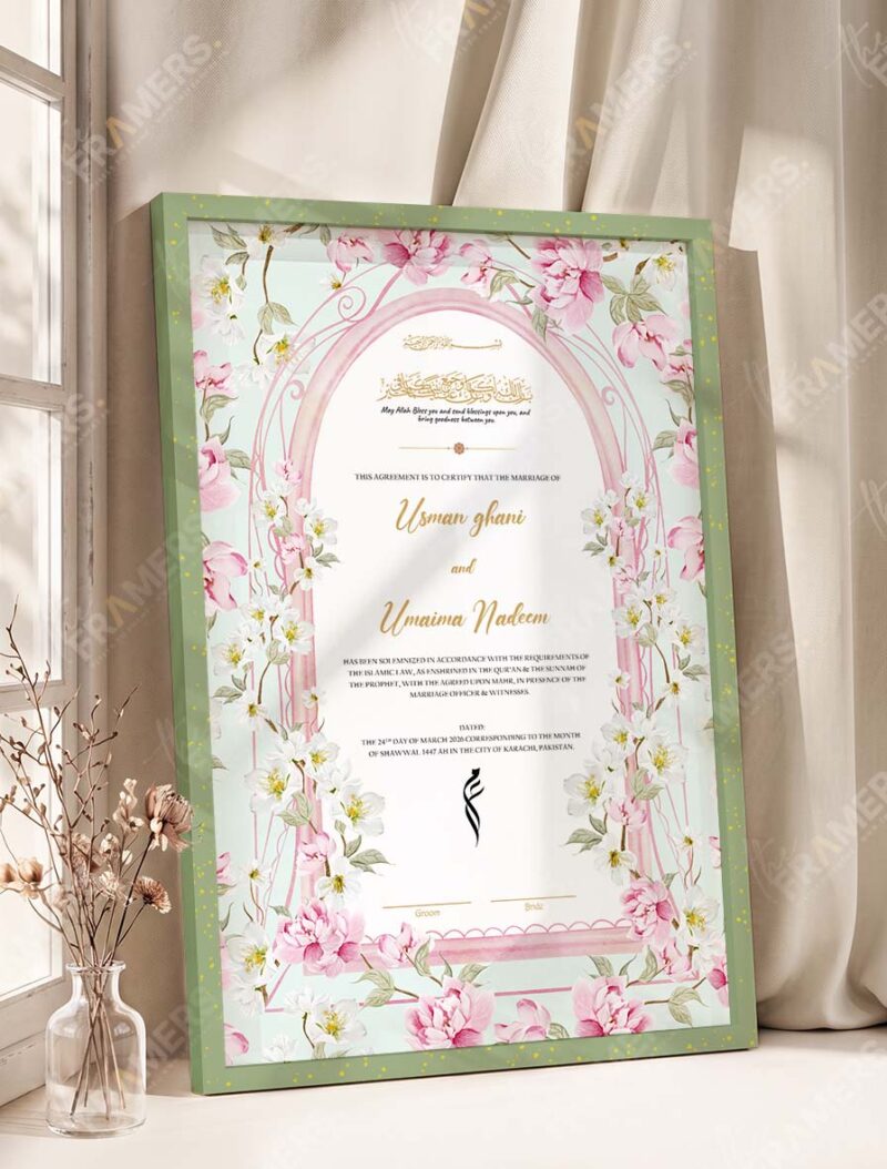Pink Blossom Mint Arch Nikkah Certificate in olive green frame