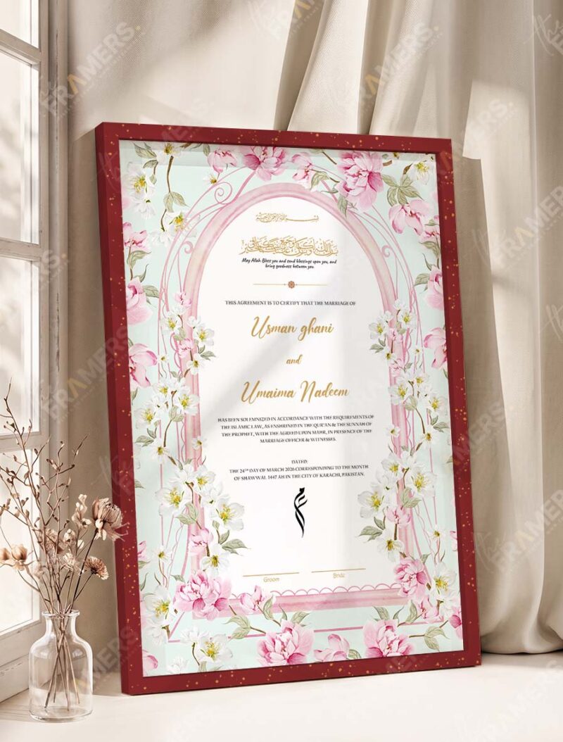 Pink Blossom Mint Arch Nikkah Certificate in rich royal cherry frame