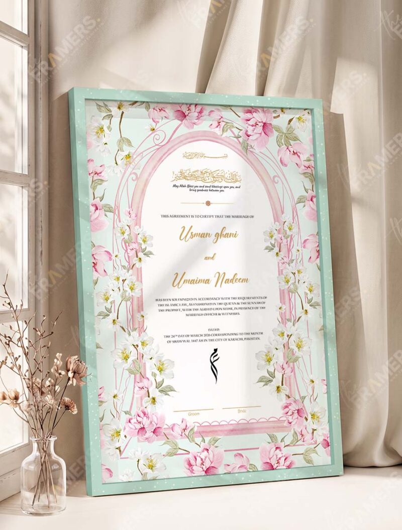 Pink Blossom Mint Arch Nikkah Certificate in soft sea green frame