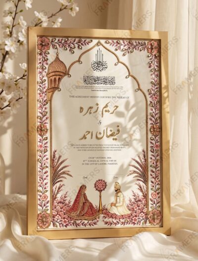 Brushed Gold Mughal Dome & Pink Floral Arch Nikkah Frame, standing on cream silk