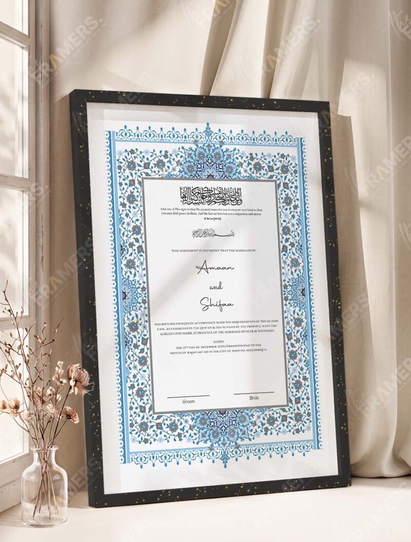 Powder Blue Persian Illuminated Nikkah Certificate in fancy black frame