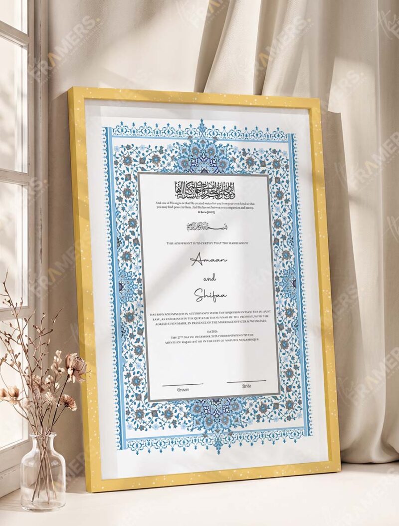 Powder Blue Persian Illuminated Nikkah Certificate in fancy golden frame